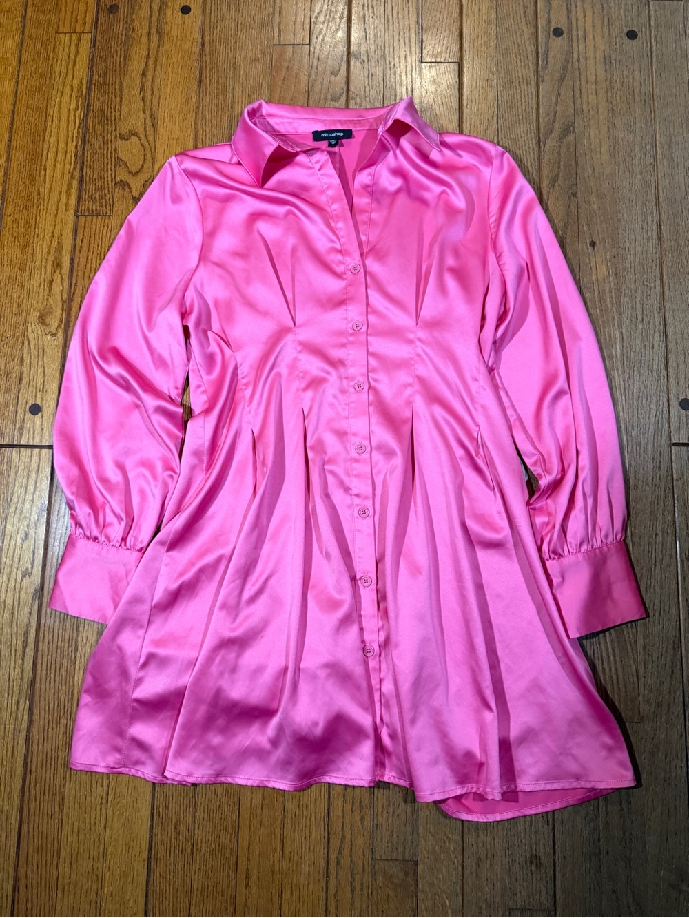 Mittoshop Pink Satin Button-Front Long Sleeve Dress. Women’s Size M.